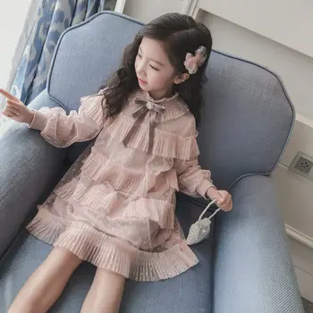 Весна Осень, новое модное Корейское платье принцессы для девочек Kawaii, Свободное повседневное праздничное платье с длинным рукавом, милая Детская одежда Изображение 2