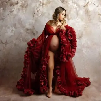 Винтажное классическое платье для беременных для фотосессии, плиссированное платье из тюля с оборками, сексуальное платье с высоким разрезом, V-образный вырез, шлейф для душа ребенка