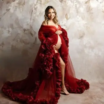 Винтажное классическое платье для беременных для фотосессии, плиссированное платье из тюля с оборками, сексуальное платье с высоким разрезом, V-образный вырез, шлейф для душа ребенка Изображение 2