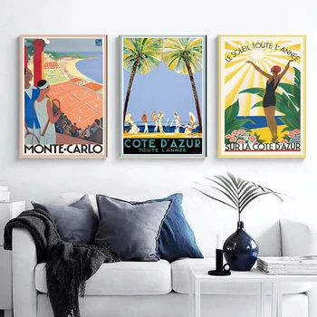 Винтажные плакаты и принты Монте-Карло, ретро-путешествия, холст, пляжный пейзаж, настенное искусство, теннисные картинки для украшения дома
