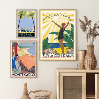 Винтажные плакаты и принты Монте-Карло, ретро-путешествия, холст, пляжный пейзаж, настенное искусство, теннисные картинки для украшения дома Изображение 2