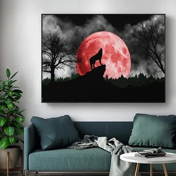 Воющий Волк Красная Луна Абстрактные плакаты Черно-белое искусство Животные Холст Картина Скандинавская настенная картина для декора гостиной