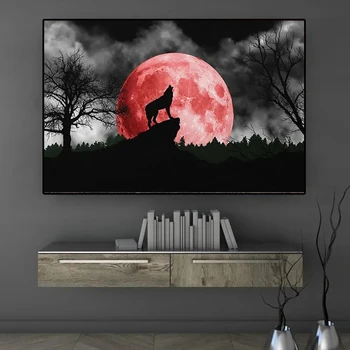 Воющий Волк Красная Луна Абстрактные плакаты Черно-белое искусство Животные Холст Картина Скандинавская настенная картина для декора гостиной Изображение 2