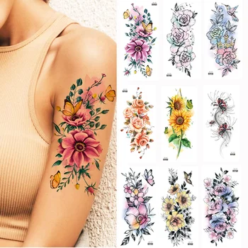 Временные татуировки с цветами бабочки для женщин, наклейки с татуировками Frola на руку, грудь, Мгновенная поддельная татуировка, Сова, Подсолнух, часы