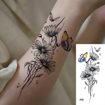Временные татуировки с цветами бабочки для женщин, наклейки с татуировками Frola на руку, грудь, Мгновенная поддельная татуировка, Сова, Подсолнух, часы Изображение 2