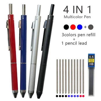 Высококачественная металлическая многоцветная шариковая ручка 4 в 1, шариковая ручка 0,7 мм, черная, синяя, красная, с заправкой и грифелем для школьного письма. Изображение 2
