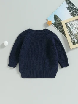 Вязаный свитер с карманом для маленьких мальчиков и девочек - Уютный пуловер с круглым вырезом, толстовка на осень-зиму - Топы для малышей с длинными рукавами