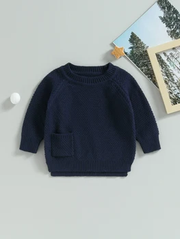 Вязаный свитер с карманом для маленьких мальчиков и девочек - Уютный пуловер с круглым вырезом, толстовка на осень-зиму - Топы для малышей с длинными рукавами Изображение 2