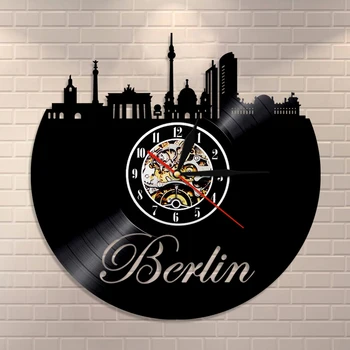 Германия, Виниловая пластинка с видом на город Берлин, настенные часы с виниловой пластинкой, Современный дизайн, Архитектура городского пейзажа, Домашний декор, Бесшумные подвесные часы. Изображение 2