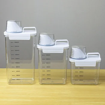 Герметичный дозатор стирального порошка Коробка для хранения Прозрачный контейнер для стирального порошка с мерным стаканом Пластиковая банка для хлопьев