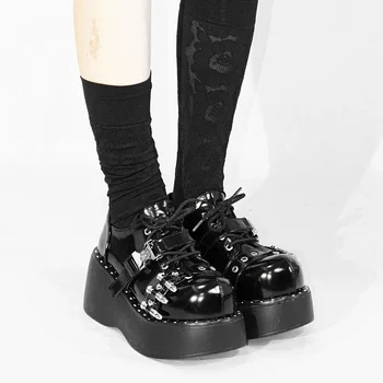 Горячая девушка, женская мода, платформа, Высокие каблуки, осень-зима, Красивая круглая головка, толстая подошва, однотонная обувь на шнуровке в стиле панк Изображение 2