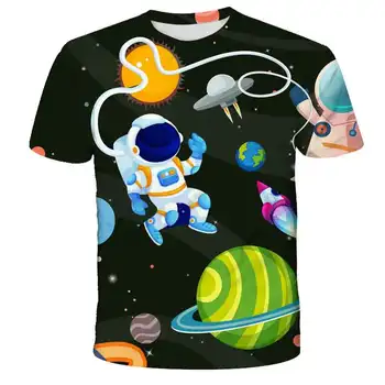 Горячая распродажа, детская футболка с рисунком космического астронавта для мальчиков с короткими рукавами и круглым вырезом с героями мультфильмов для девочек, повседневная удобная одежда