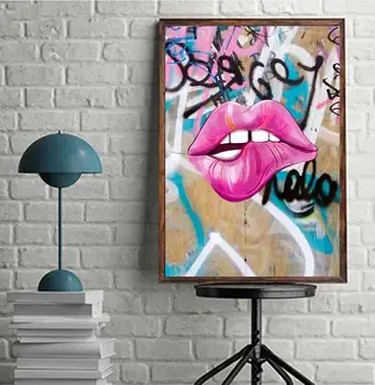 Граффити Губы Поп-культура Настенный арт-плакат Сексуальные женские губы Розовый принт для украшения дома спальни офиса Мотивационное настенное искусство