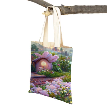 Двусторонняя сумка для покупок для девочек из мультяшного сказочного мира, женская сумка-тоут, холщовая сумка с цветочным рисунком, женские сумки для покупок
