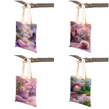 Двусторонняя сумка для покупок для девочек из мультяшного сказочного мира, женская сумка-тоут, холщовая сумка с цветочным рисунком, женские сумки для покупок Изображение 2