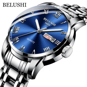 Деловые мужские часы BELUSHI известного бренда, роскошные модные мужские часы с большим циферблатом, водонепроницаемые стальные кварцевые синие наручные часы