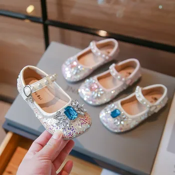 Демисезонная кожаная обувь для маленьких девочек, детская праздничная обувь принцессы с яркими бриллиантами, мягкая противоскользящая детская обувь на подошве