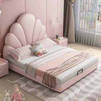 детская кровать Современная простая кожаная кровать с каркасом из массива дерева для детской мебели для спальни