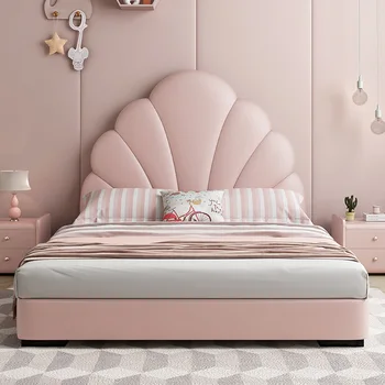 детская кровать Современная простая кожаная кровать с каркасом из массива дерева для детской мебели для спальни Изображение 2