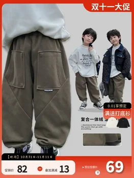 Детская одежда, брюки с флисовой подкладкой для мальчиков 2023, зимние спортивные штаны среднего размера, однослойные повседневные брюки с флисовой подкладкой