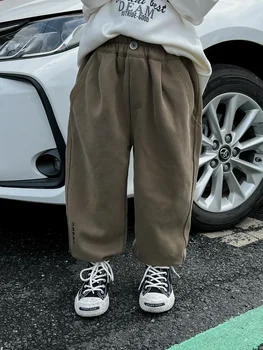 Детская одежда, брюки с флисовой подкладкой для мальчиков 2023, зимние спортивные штаны среднего размера, однослойные повседневные брюки с флисовой подкладкой Изображение 2