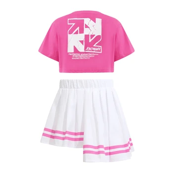 Детская одежда для современных танцев для девочек, Джазовые уличные танцы, костюм для выступления группы поддержки, футболка с коротким рукавом, плиссированная юбка, танцевальная одежда Изображение 2