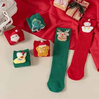 Детские носки из кораллового бархата, осень-зима, рождественские носки с милыми героями мультфильмов, детские красные новогодние носки Изображение 2