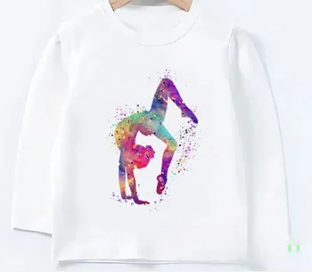 Детские футболки с акварельным художественным принтом для гимнастики, Новая одежда для девочек, весенне-осенняя детская футболка с длинным рукавом, повседневные детские топы Изображение 2