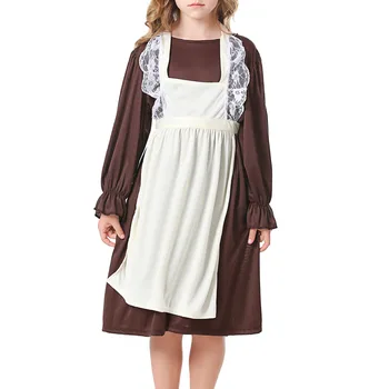 Детский костюм для хэллоуина в средневековых колониальных прериях для девочек, Карнавальная тематическая вечеринка, косплей горничной, винтажное платье с длинным рукавом и шляпой, фартук