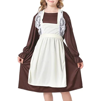 Детский костюм для хэллоуина в средневековых колониальных прериях для девочек, Карнавальная тематическая вечеринка, косплей горничной, винтажное платье с длинным рукавом и шляпой, фартук Изображение 2