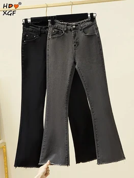 Джинсы-клеш большого размера 4xl, узкие удобные джинсы с высокой талией, женские эластичные модные повседневные джинсовые брюки в корейском стиле
