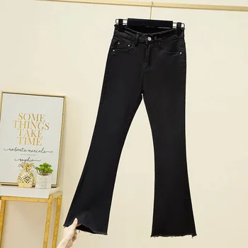 Джинсы-клеш большого размера 4xl, узкие удобные джинсы с высокой талией, женские эластичные модные повседневные джинсовые брюки в корейском стиле Изображение 2