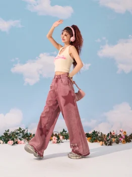 Джинсы с прямыми штанинами Pink Star, женский летний дизайн, Y2K, свободные и тонкие повседневные брюки с широкими штанинами. Изображение 2