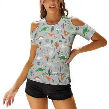 Динозавр Пустыни - Зеленый И оранжевый На сером - Забавный узор От Женской футболки, Повседневные топы с короткими рукавами, Женская футболка на молнии С V-образным вырезом