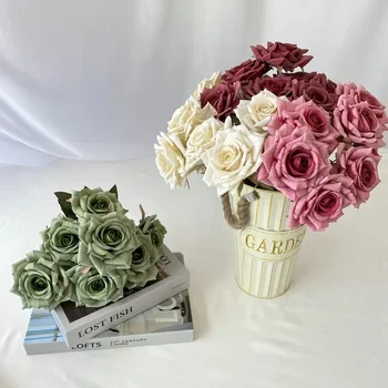 Домашний декор Букет искусственных роз Шелковые искусственные цветы Украшение гостиной Имитация цветка Бриллиантовая пудра Роза Цветочный