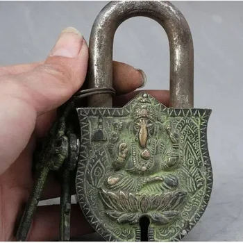 Древний тибетский бронзовый Будда, Ганапати Ганеш, Buddha, 2 ключа, дверной замок Изображение 2