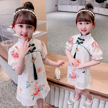 Жаркое лето 3-8 лет, китайское этническое винтажное платье-чонсам с круглым вырезом и цветочным принтом для девочек, летнее платье-чонсам