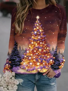 Женская забавная толстовка-реглан с принтом рождественской елки и снега, круглый вырез, уличный повседневный весенне-осенний топ с длинными рукавами