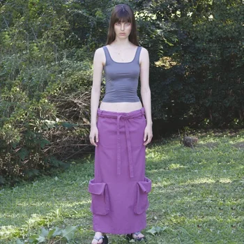 Женская летняя дышащая юбка-карго на шнуровке с низкой талией, повседневная длинная юбка H-line с большим карманом