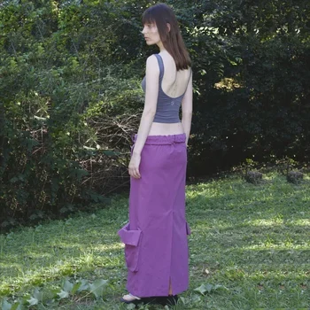 Женская летняя дышащая юбка-карго на шнуровке с низкой талией, повседневная длинная юбка H-line с большим карманом Изображение 2