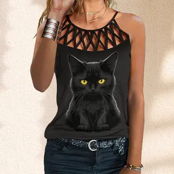 Женская мода, без рукавов, с открытой спиной, с милым логотипом кошки, с черным принтом кошки, с перекрестным рисунком, майка для женщин XS-8XL