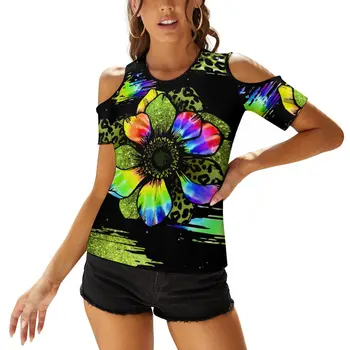 Женская модная футболка с открытыми плечами, пуловер с 3D красочным принтом, повседневная уличная футболка с короткими рукавами, женская блузка Изображение 2