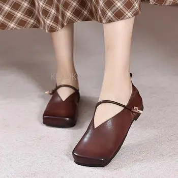 женская обувь из натуральной кожи в стиле ретро с квадратным носком, весна 2022 года, женская обувь на плоской мягкой подошве Mori, первый слой воловьей кожи, женские тонкие туфли Изображение 2