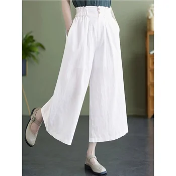 Женская одежда, свободные повседневные хлопчатобумажные льняные широкие брюки, Элегантные и простые брюки 7 Points, Повседневные женские однотонные брюки в стиле ретро.