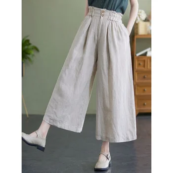 Женская одежда, свободные повседневные хлопчатобумажные льняные широкие брюки, Элегантные и простые брюки 7 Points, Повседневные женские однотонные брюки в стиле ретро. Изображение 2
