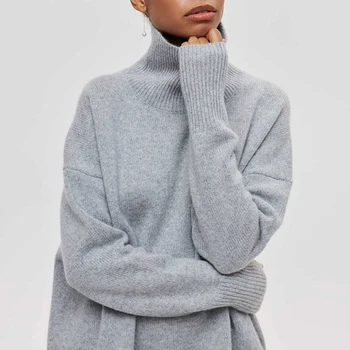 Женская однотонная водолазка, пуловер с длинным рукавом, свитера с длинным рукавом, осенне-зимний джемпер, топы, повседневная Свободная уличная одежда, вязаные топы, Изображение 2