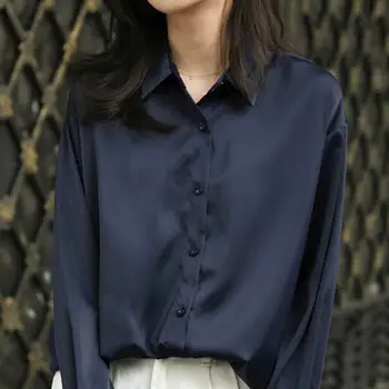 Женская рубашка, винтажная официальная деловая блузка, Атласная шелковистая дышащая рубашка, Однотонный однобортный топ с длинным рукавом и лацканами.