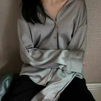 Женская рубашка, винтажная официальная деловая блузка, Атласная шелковистая дышащая рубашка, Однотонный однобортный топ с длинным рукавом и лацканами. Изображение 2