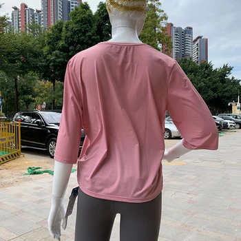 Женская спортивная футболка QUMOR с рукавами в семь точек, приталенное платье для йоги, свободные, для похудения, быстросохнущие, для тренировок по бегу, короткие рукава Изображение 2