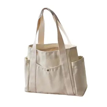 Женская холщовая сумка-тоут, пляжная сумка с несколькими карманами, кошелек для свиданий, большая вместительная сумка на молнии, легкая сумка через плечо Изображение 2